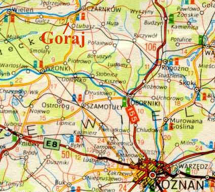Mapa z Poznaniem, Czarnkowem i Gorajem.